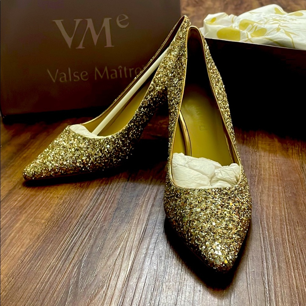 Gold Glitter Stiletto Heels with Pointed Toe